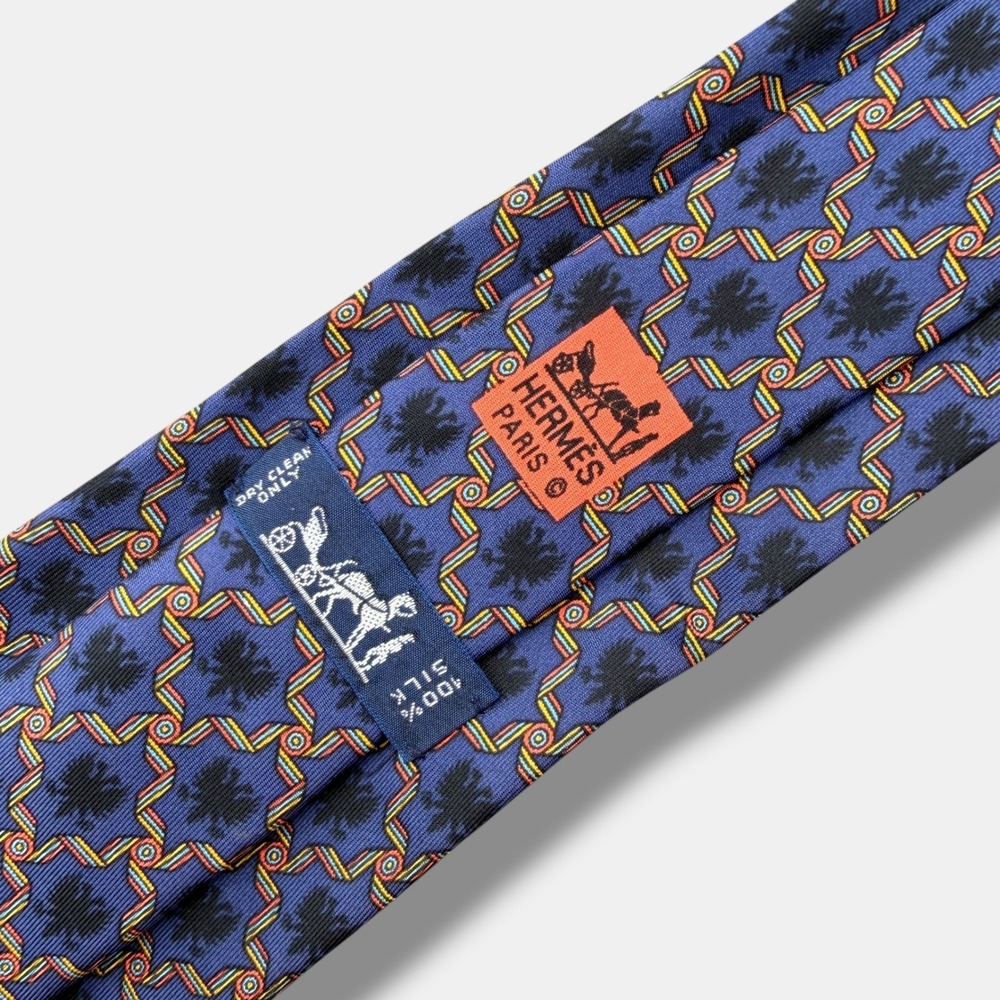 Hermes Silk Tie Mens One Size Blue Geometric Crest Print 7521 IA France